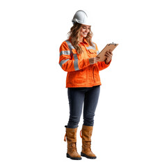 Female construction worker in safety gear, holding tablet, standing against white background.