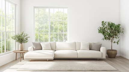 A modern living room featuring stylish white sofa with soft cushions, round wooden table, and lush greenery. large windows allow natural light to fill space, creating serene atmosphere