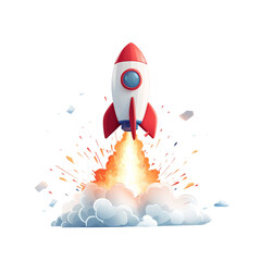 Illustration of a red and white rocket launching with fire and smoke, symbolizing innovation, startup, and new beginnings.