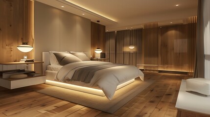 Cozy modern bedroom with warm wooden floors, sleek white bed, and ambient lighting