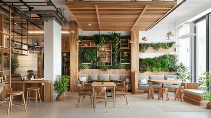 Fototapeta premium A modern interior design featuring cozy and inviting space with wooden furniture, lush greenery, and natural light. harmonious blend of materials creates serene atmosphere perfect for relaxation