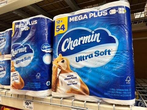 Charmin Ultra Soft brand of toilet paper in shrink wrap.
