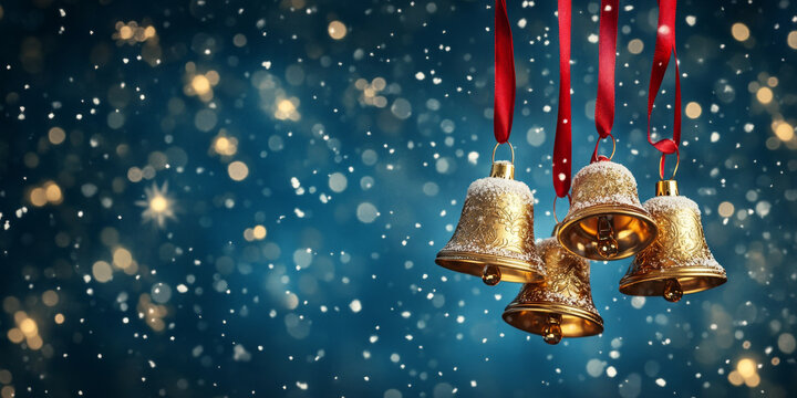 Golden bells with red ribbons hang against snowy blue background, creating festive atmosphere filled with sparkling lights and falling snowflakes