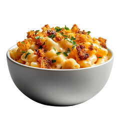 Delicious bowl of creamy mac and cheese with crispy baked breadcrumbs, garnished with fresh herbs. Comfort food at its finest.