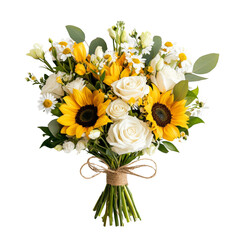 A vibrant bouquet of sunflowers and white roses tied with a rustic twine bow, perfect for any occasion or celebration. © Stone Story
