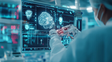 Fototapeta premium image depicts futuristic scene where robotic arm interacts with digital display showcasing brain scans and data analysis. This highlights intersection of technology and neuroscience, evoking sense of