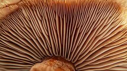 Close up of a brown mushroom showing the mushrooms gills.