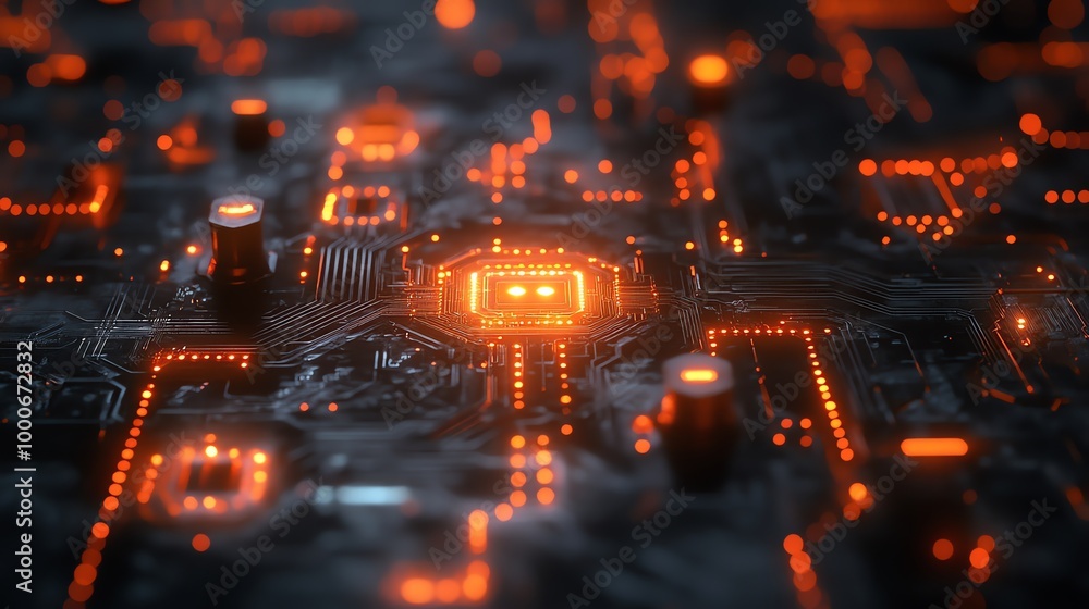 Poster a close-up of a glowing circuit board with a central processor, depicting the complex and intricate 