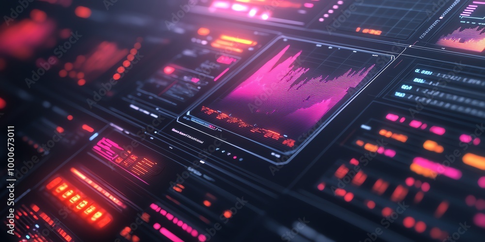 Poster a close-up of a futuristic user interface with a prominent graph displaying data in pink, red, and o