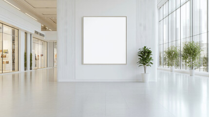 Fototapeta premium A spacious and modern gallery featuring large empty frame on white wall, surrounded by greenery and bright natural light. minimalist design creates serene atmosphere perfect for showcasing art