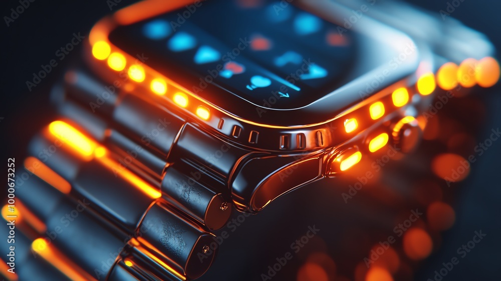 Poster a close-up of a smartwatch with a glowing orange light around the edge of the display and a metallic