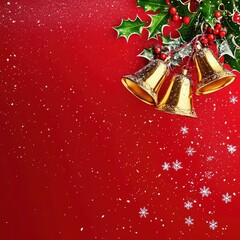 Christmas bell and fir on red background. Christmas greeting card or social banner. Golden bells adorned with holly leaves and berries, hanging from the top right corner. suitable for banners, cards, 