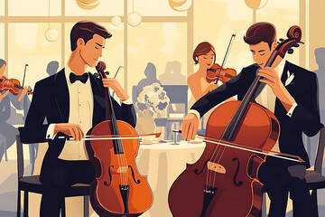 Fototapeta premium Two musicians playing cello in an elegant restaurant setting with guests enjoying the ambiance.