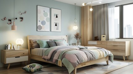Cozy modern bedroom with light wood furniture, pastel color accents, and natural lighting