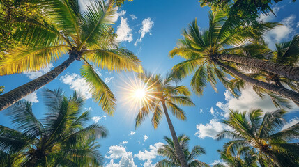 Tropical Bliss: Sun Rays Piercing Through Palm Trees on a Bright Blue Sky Island