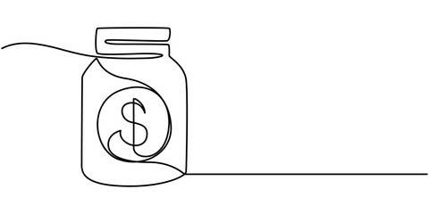 Coins in a glass jar, stacking coins in a jar, savings, money piggy bank, tips one line art. Continuous line drawing of bank, data, savings, Coins in a glass jar one line art