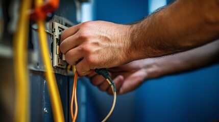 A close-up of an electrician's hands installing wiring into an electrical outlet.