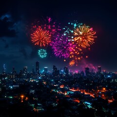 Obraz premium Colorful fireworks over city skyline at night