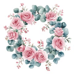 Watercolor floral wreath with burgundy and cream roses, clipart on a white background with defined edges.