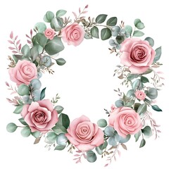 Watercolor floral wreath with burgundy and cream roses, clipart on a white background with defined edges.