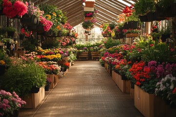 Fototapeta premium A colorful array of flowers are displayed in a greenhouse, with a pathway leading through the center.