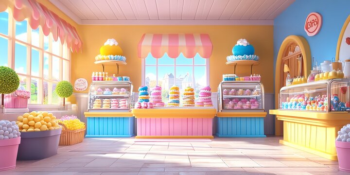 A colorful cartoon bakery shop with glass display cases filled with sweet treats.