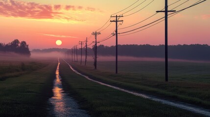 A line of electric poles running through a peaceful countryside at sunrise, with morning dew glistening on the grass.