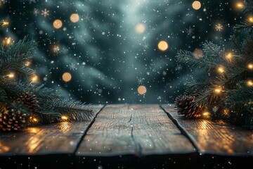 wooden table with a dark green background and golden lights, Christmas tree branches for product display or presentation blurred snowflakes falling in the air