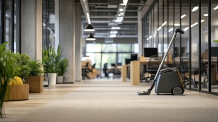 A professional cleaner vacuuming the carpets in a modern office space, with desks and computers in the background.