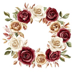 Watercolor floral wreath with burgundy and cream roses, clipart on a white background with defined edges.