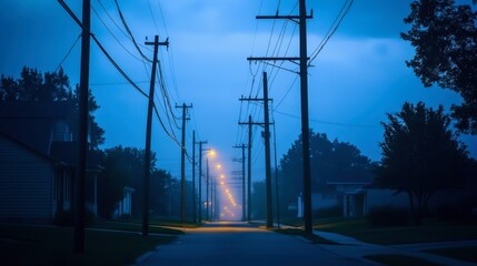 A row of electric poles running along a quiet suburban street at dusk, illuminated by the soft glow of streetlights.