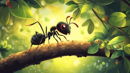 Strong ant lifting a tree trunk. Motivation. Vector illustration