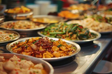 Vibrant Array of Asian Dishes at Market Buffet Showcasing Culinary Delights and Flavors

