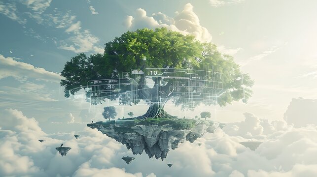 Digital tree with circuit board patterns floating above clouds with symbolizing connection between nature and technology for futuristic innovation and environmental harmony concept.