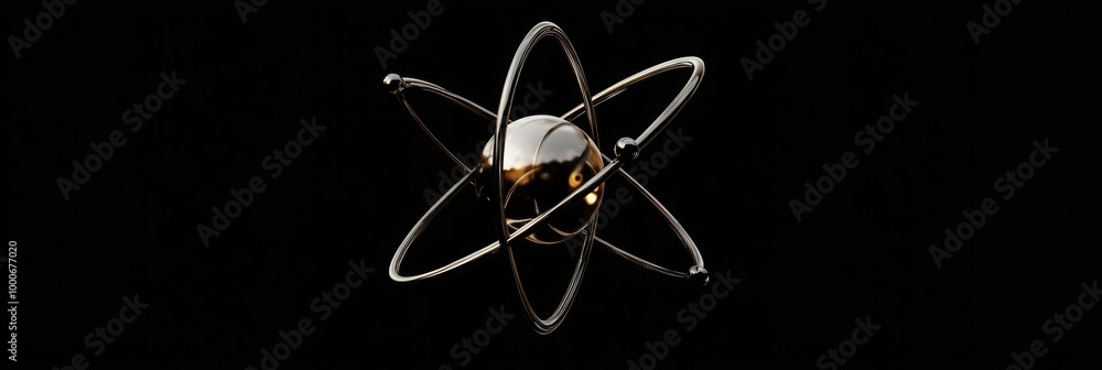 Poster a 3d rendering of an atom with electrons orbiting around a nucleus, set against a dark background to