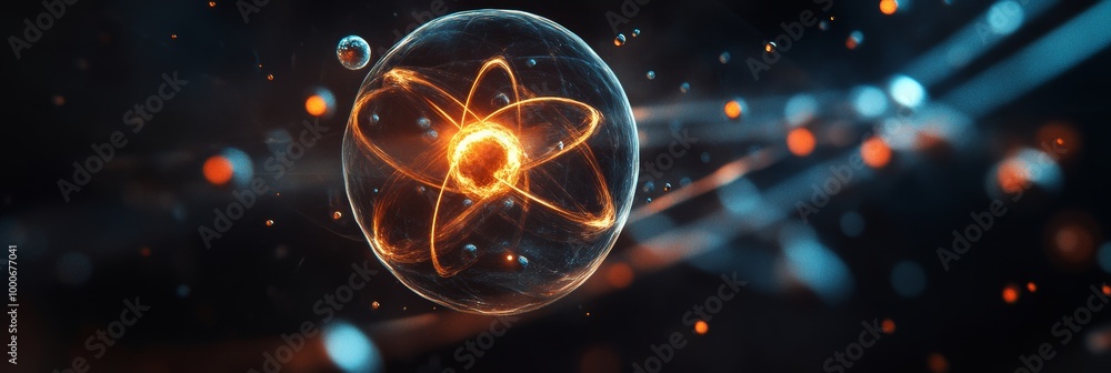 Poster a 3d rendering of an atom with electrons orbiting around a nucleus, set against a dark background to