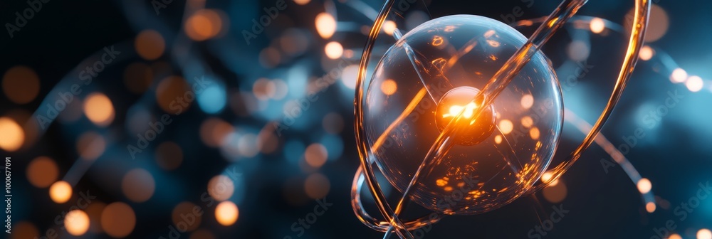 Poster a 3d rendering of an atom with electrons orbiting around a nucleus, set against a dark background to