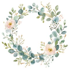 Watercolor floral wreath, with roses and pink flowers, leaves, and eucalyptus clipart, on a white background, 