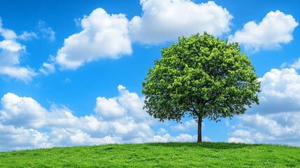 Obraz premium solitary tree stands majestically atop a grassy hill, symbolizing resilience and solitude. Its vibrant green leaves contrast against a clear blue sky, evoking feelings of peace and tranquility