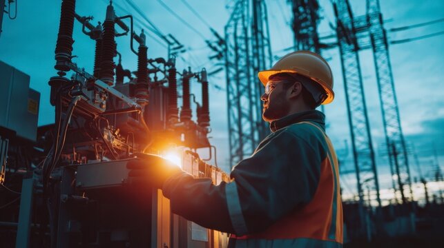 An electrician inspecting high-voltage transformers at a power substation.