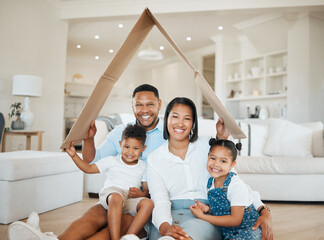Happy family, portrait and cardboard with roof for shelter, real estate or property investment at...