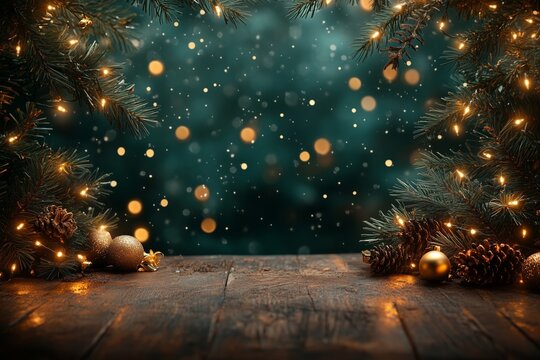 wooden table with a dark green background and golden lights, Christmas tree branches for product display or presentation blurred snowflakes falling in the air