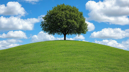 solitary tree stands majestically atop a grassy hill, symbolizing resilience and solitude. Its vibrant green leaves contrast against a clear blue sky, evoking feelings of peace and tranquility