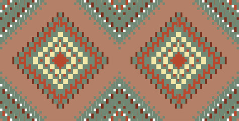 Ethnic Fabric Pixel Islamic Flower Patternfolk Embroidery, Aztec Geometric Ornament Print. Design for Carpet, Wallpaper, Clothing, Wrapping, Fabric