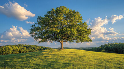 Fototapeta premium solitary tree stands majestically atop a grassy hill, symbolizing resilience and solitude. Its vibrant green leaves contrast against a clear blue sky, evoking feelings of peace and tranquility