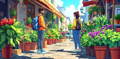 A couple admires flowers at a market in a sunny city.