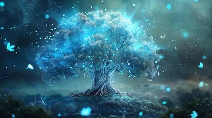 Large tree glows with a vibrant blue light in a dark forest. It's a magical, fantasy scene that evokes a sense of wonder and tranquility.