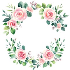 Watercolor floral wreath, with roses and pink flowers, leaves, and eucalyptus clipart, on a white background, 