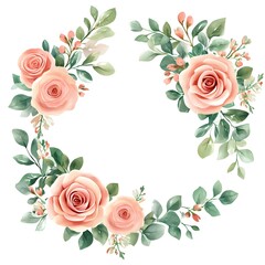 Watercolor floral wreath, with roses and pink flowers, leaves, and eucalyptus clipart, on a white background, 