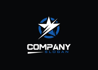 white and blue star company logo with circle vector Illustration with black background